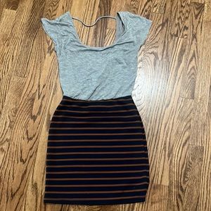 Women’s Mimi Chica striped body con grey navy and brown dress